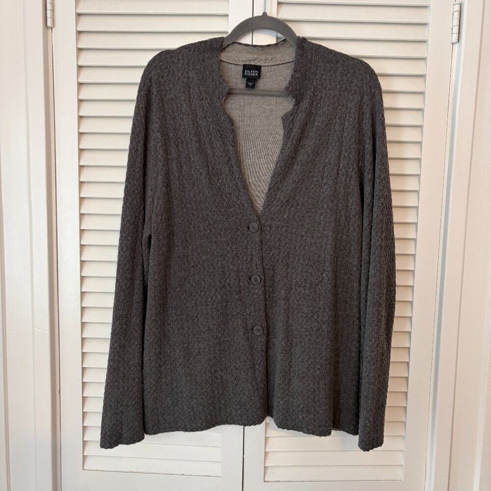 Eileen Fisher women's Notch Collar Textured Cardigan large wool viscose grey